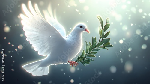 Flying dove with olive branch, serene scene