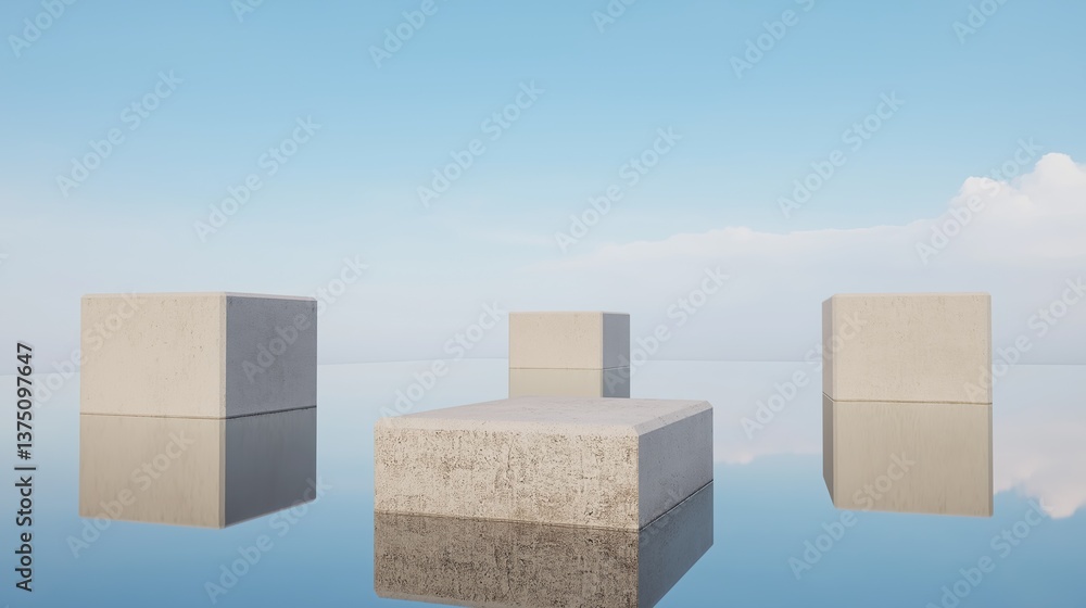 Four square-shaped objects arranged in a row on a reflective surface. the objects appear to be made of concrete or stone and are of different sizes and shapes. Four square-shaped objects arranged in a row on a reflective surface. the objects appear to be made of concrete or stone and are of different sizes and shapes.