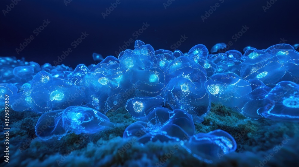 Fototapeta premium Bio-luminescent sea creatures cluster on ocean floor.