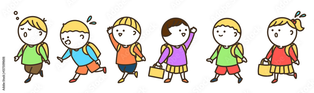 登校、下校している子供たちのシンプルイラスト カラー 登校、下校している子供たちのシンプルイラスト カラー
