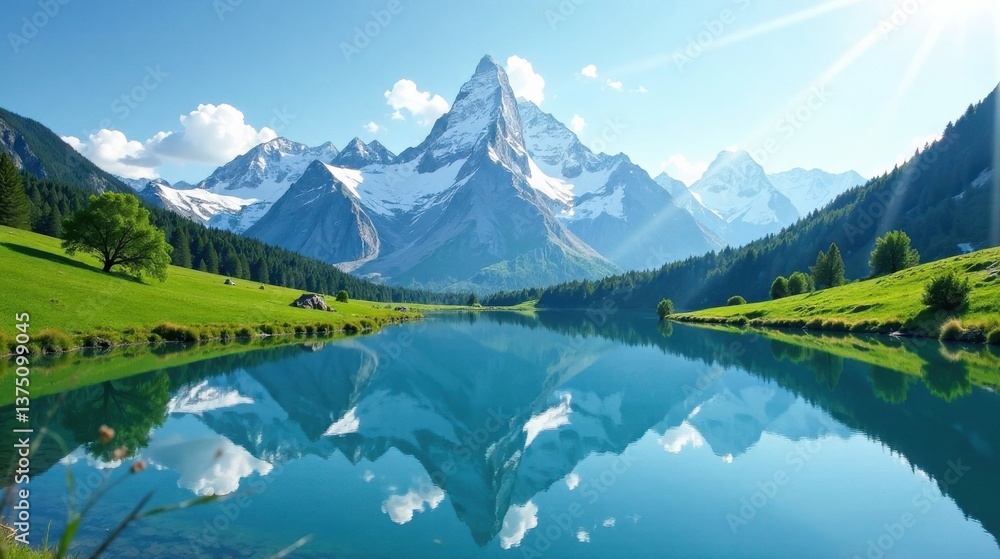 Fototapeta premium Serene Mountain Lake Reflecting Majestic Peaks Under a Bright Sky