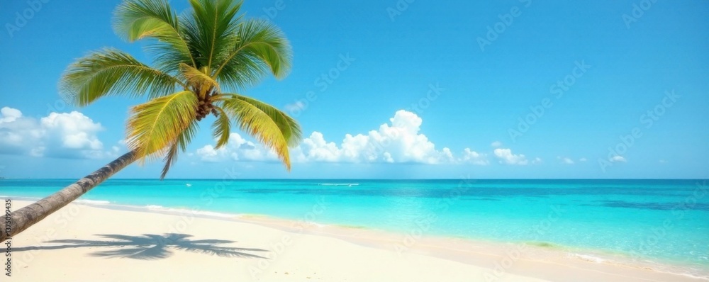 Fototapeta premium A lone palm tree stands on a deserted beach with warm sand and clear blue waters, blue waters, warm weather