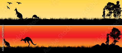 set of Australian Country Scenery with man