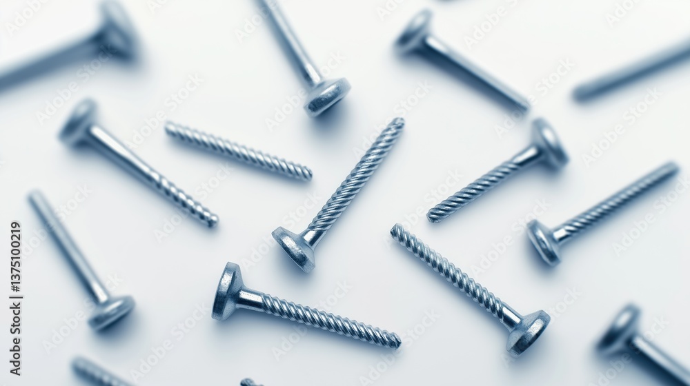 Group of small, silver-colored screws scattered on a white surface. the screws appear to be of different sizes and shapes, with some having a pointed tip and others having a flat head. Group of small, silver-colored screws scattered on a white surface. the screws appear to be of different sizes and shapes, with some having a pointed tip and others having a flat head.