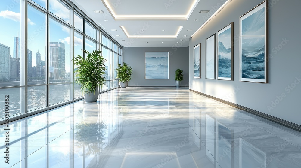 Fototapeta premium Modern Office Corridor with City View