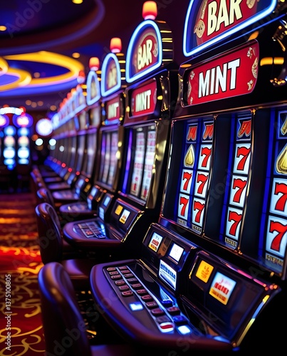 Row of modern slot machines in a vibrant casino, illuminated by colorful neon lights, creating an exciting and luxurious gambling atmosphere for players and gaming enthusiasts

