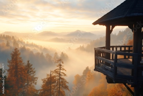 Fototapeta Naklejka Na Ścianę i Meble -  Wooden gazebo overlooking foggy sunrise in autumn mountains