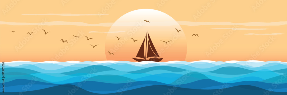 Fototapeta premium Minimalistic seascape, stylized sea sunset, sailboat and setting sun, vector illustration