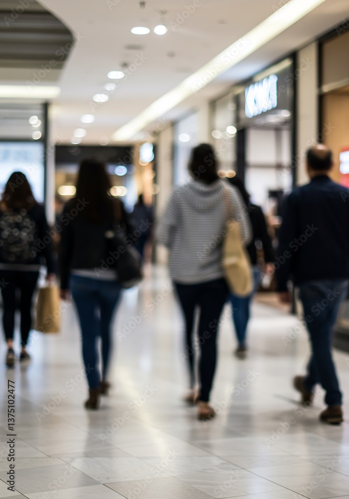 Fototapeta premium Blurry shoppers stroll bright modern mall hallway. AI Generated