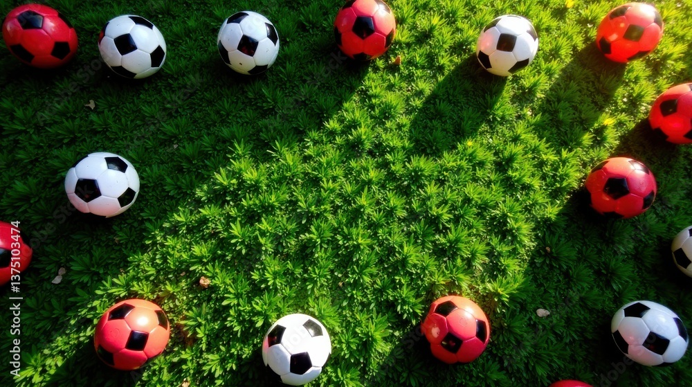 Many miniature soccer balls in red and white rest on vibrant green grass Many miniature soccer balls in red and white rest on vibrant green grass