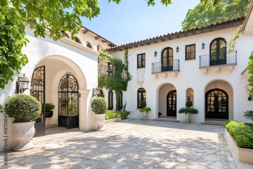 Luxurious white mediterranean revival style mansion with open wrought iron gate