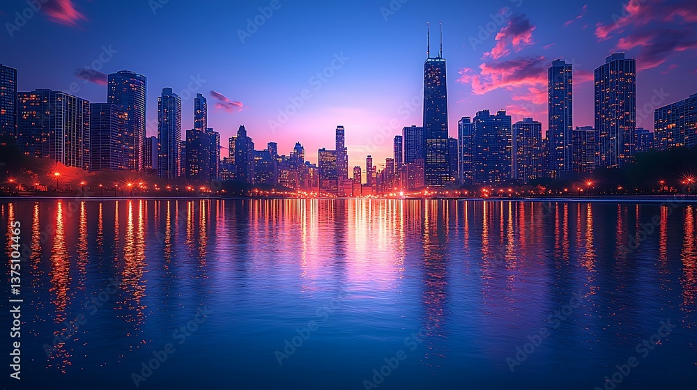 Fototapeta premium Peaceful water reflections with city lights high resolution wallpaper