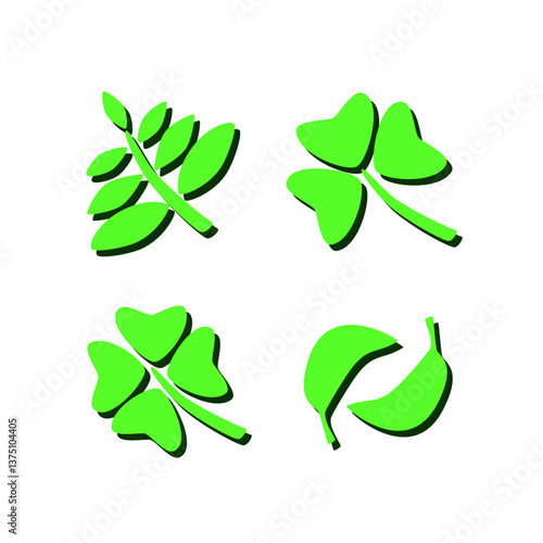 Green leaf icons feature a minimal and modern style, ideal for eco-friendly branding, nature-themed designs, and organic product packaging. The flat vector format ensures versatility and scalability.