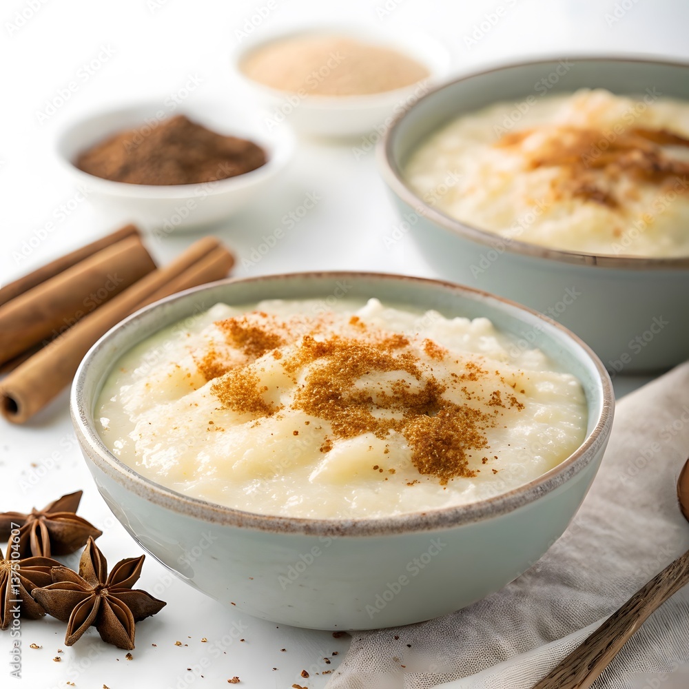 Sweet rice and vanilla pudding with cinnamon, a creamy white dessert bowl Sweet rice and vanilla pudding with cinnamon, a creamy white dessert bowl