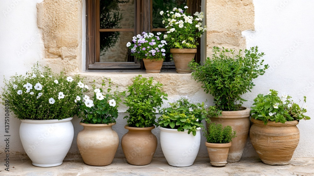 Fototapeta premium White and terracotta flowerpots decorating a window sill
