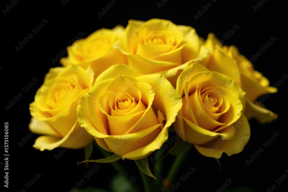 A cluster of vibrant yellow roses, elegantly arranged, showcasing their delicate petals and rich color against a stark black backdrop. A cluster of vibrant yellow roses, elegantly arranged, showcasing their delicate petals and rich color against a stark black backdrop.