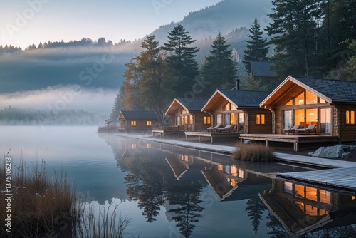 Inviting Lakeside Retreat with Wooden Cabins and Mist Over the Water in a Crisp Morning