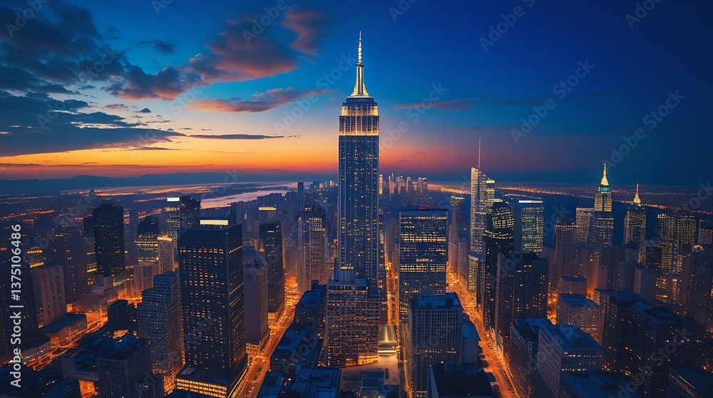 Obraz premium A mesmerizing cityscape at dusk, showcasing towering skyscrapers, glowing streets, and the dynamic energy of urban life as the city lights illuminate the evening sky