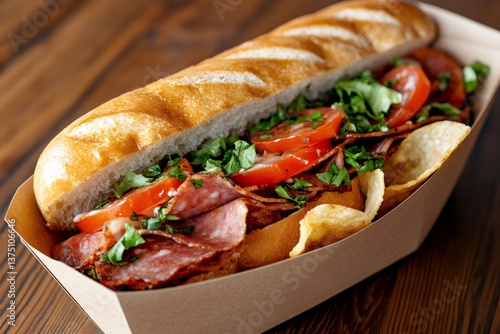 Obraz na płótnie Delicious submarine sandwich with salami, tomato, lettuce and potato chips in cardboard container w salonie