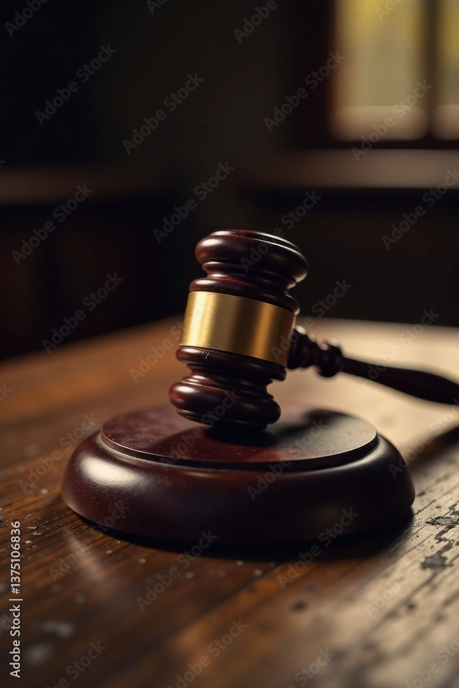 Gavel on Wooden Surface in a Dimly Lit Room, Symbolizing Justice and Legal Proceedings Gavel on Wooden Surface in a Dimly Lit Room, Symbolizing Justice and Legal Proceedings