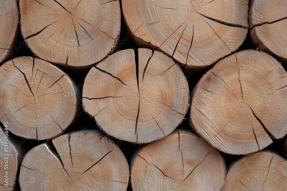 Stacked, cut tree logs, showing growth rings, cracks, creating a textured pattern. Stacked, cut tree logs, showing growth rings, cracks, creating a textured pattern.