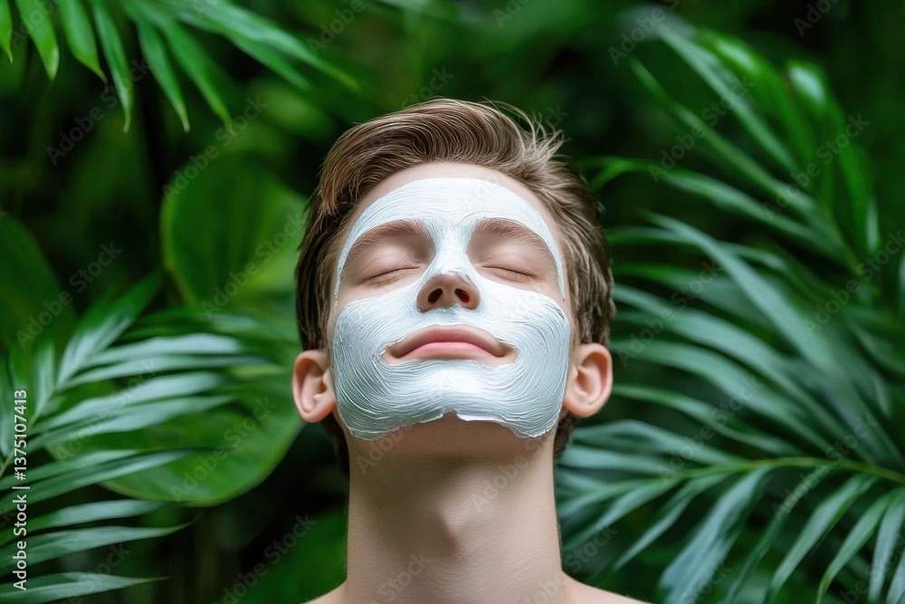 Young man with a white cosmetic face mask, eyes closed, surrounded by lush green tropical plants, enjoying a spa treatment. Young man with a white cosmetic face mask, eyes closed, surrounded by lush green tropical plants, enjoying a spa treatment.