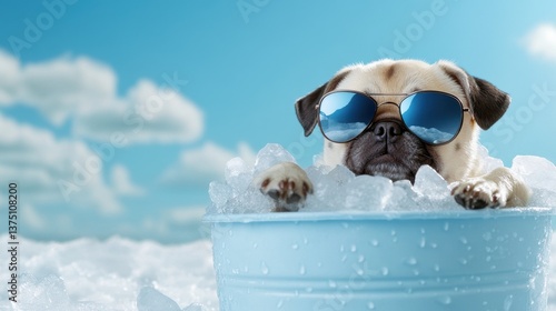 Pug puppy wearing sunglasses relaxes in a bucket full of ice, keeping cool on a summer day with a cloudy blue sky.