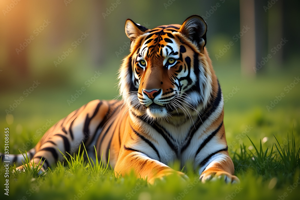 Obraz premium 4k resolution image of a Beautiful Tiger lying on the green grass with good lighting