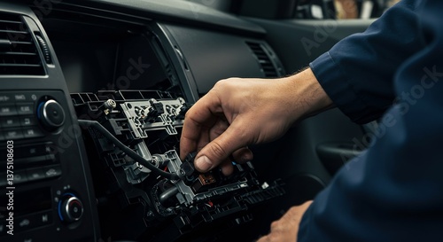 Mechanic repairing car stereo system; close up shot shows precise work in dim light.. AI Generated
