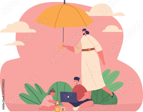 Mother protecting children under umbrella