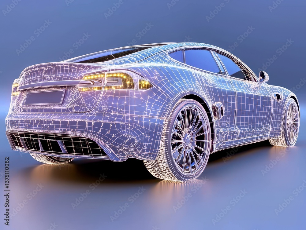 Naklejka premium Futuristic Silver Electric Car Wireframe Render