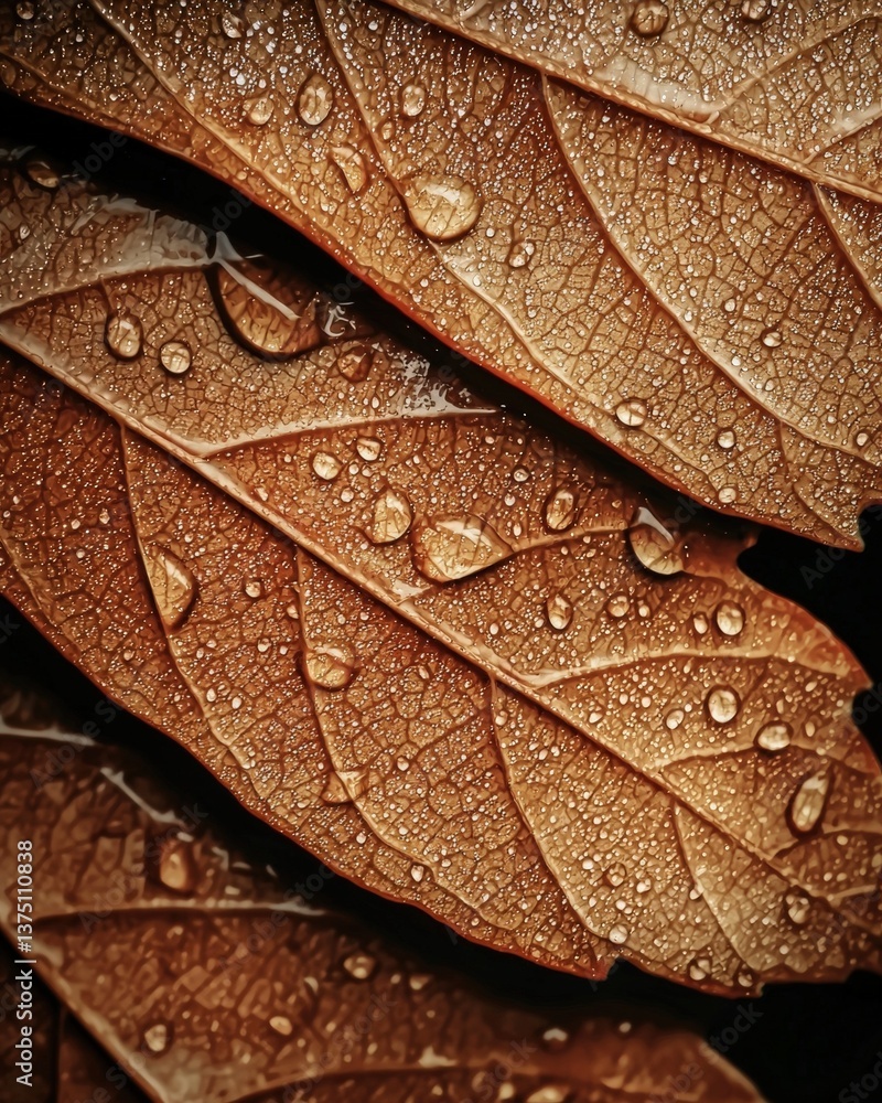 Fototapeta premium Close-up view of water droplets on a leaf showcasing the beauty of nature's morning dew