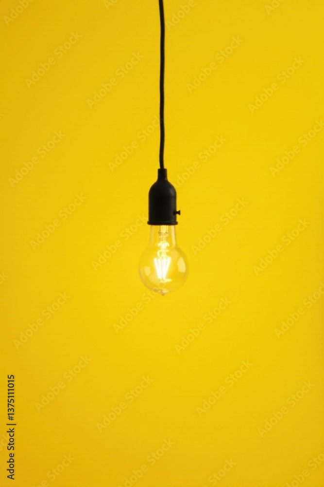Illuminated Ideas A Single Light Bulb Hanging Against a Vibrant Yellow Background Illuminated Ideas A Single Light Bulb Hanging Against a Vibrant Yellow Background
