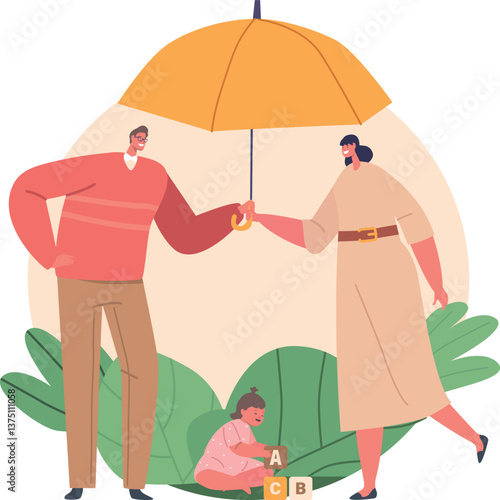 Parents protecting daughter under umbrella