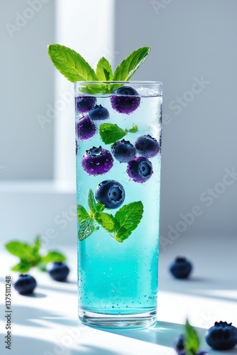 Refreshing Blueberry Drink with Mint in Glass for Summer