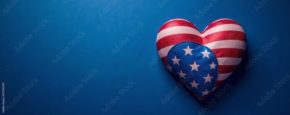 Fototapeta premium Heart-shaped American flag with stars and stripes on blue background, heart, symbol