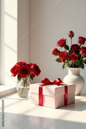 A delicate pink gift box adorned with a rich red ribbon sits on a sunlit surface, accompanied by two vases of vibrant red roses, creating a scene of elegant romance