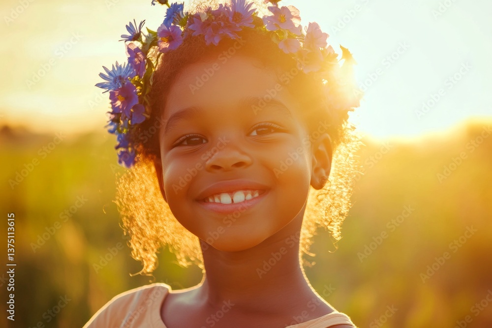 Fototapeta premium Golden hour in sunset. Happy summertime symbol. Happy black child girl wearing blue flower circlet on her head. Summer memories with flowers. Child’s peaceful summer happiness.