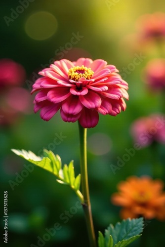 A Single Zinnia in Sunlight, Gracefully Standing Tall Among a Field of Blossoms, Its Delicate Petals Bathed in Golden Light