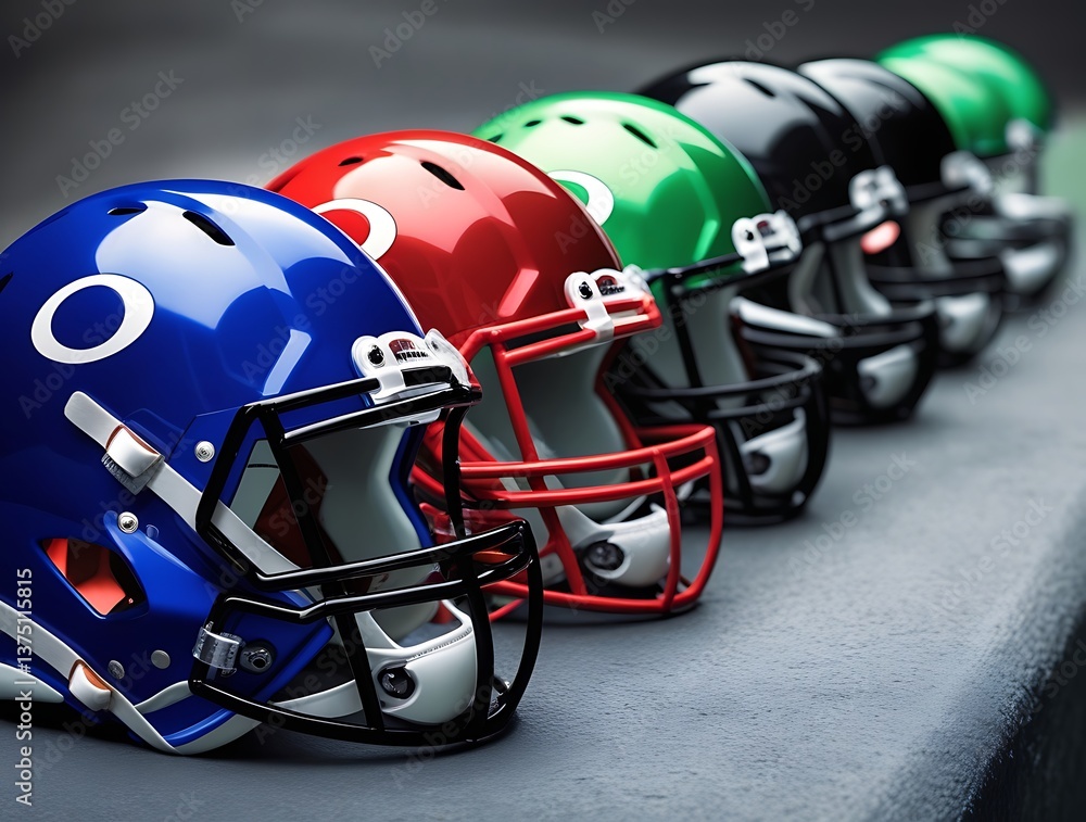 Fototapeta premium Close-up of colorful football helmets lined up on the field, showcasing different team colors and designs for a competitive game, with a focus on the vibrant, bold helmets.