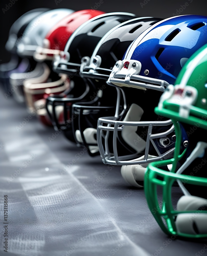 Close-up of colorful football helmets lined up on the field, showcasing different team colors and designs for a competitive game, with a focus on the vibrant, bold helmets. Close-up of colorful football helmets lined up on the field, showcasing different team colors and designs for a competitive game, with a focus on the vibrant, bold helmets.