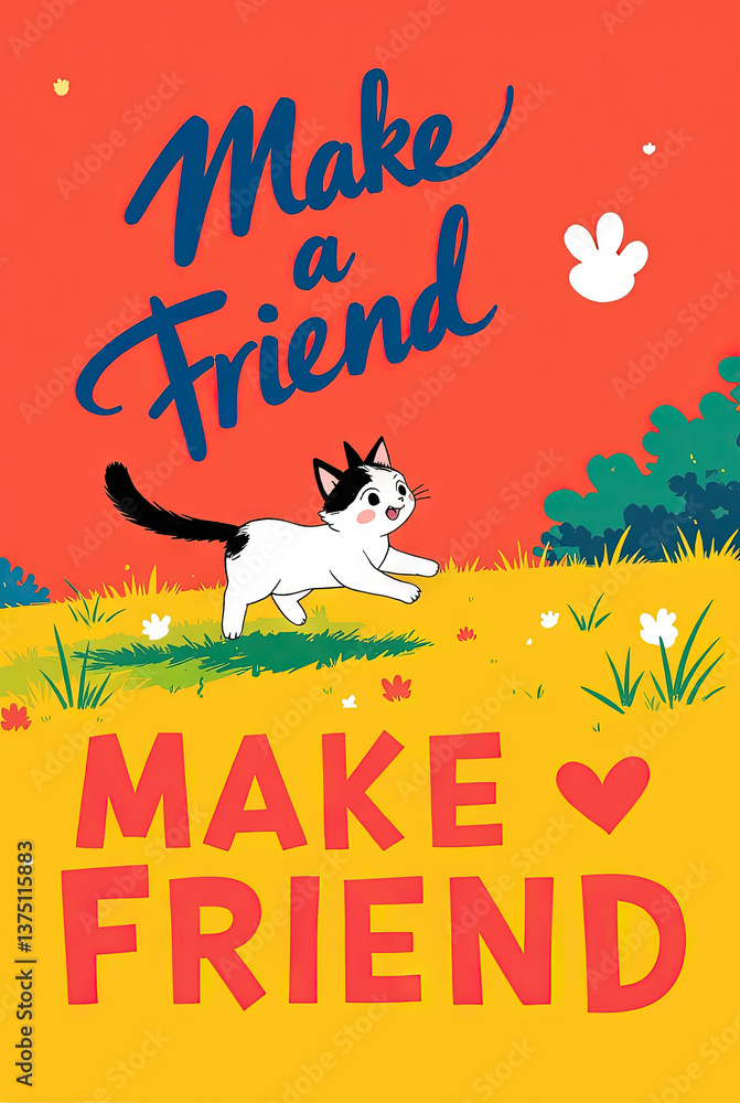 Naklejka premium This is a pet graphic design poster, flat illustration style, sketch a running kitten, full of energy and dynamics, grass background, handwritten font title “Make a friend”, exaggerated cute style fon
