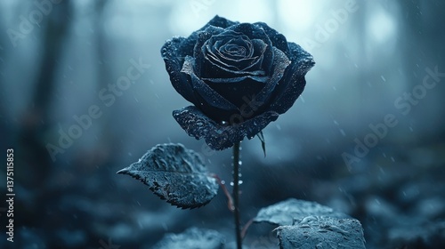 Solitary Dark Rose in Rain: A Mystical and Melancholy Scene