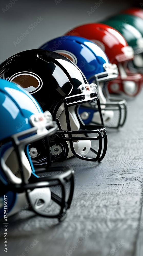Close-up of colorful football helmets lined up on the field, showcasing different team colors and designs for a competitive game, with a focus on the vibrant, bold helmets. Close-up of colorful football helmets lined up on the field, showcasing different team colors and designs for a competitive game, with a focus on the vibrant, bold helmets.