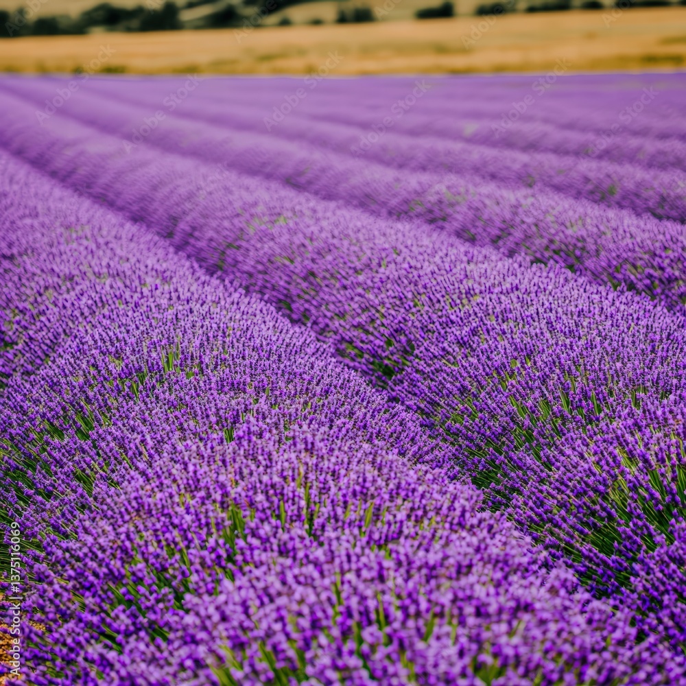Obraz premium Expansive lavender field under a clear blue sky with rows of blooming purple flowers in full glory