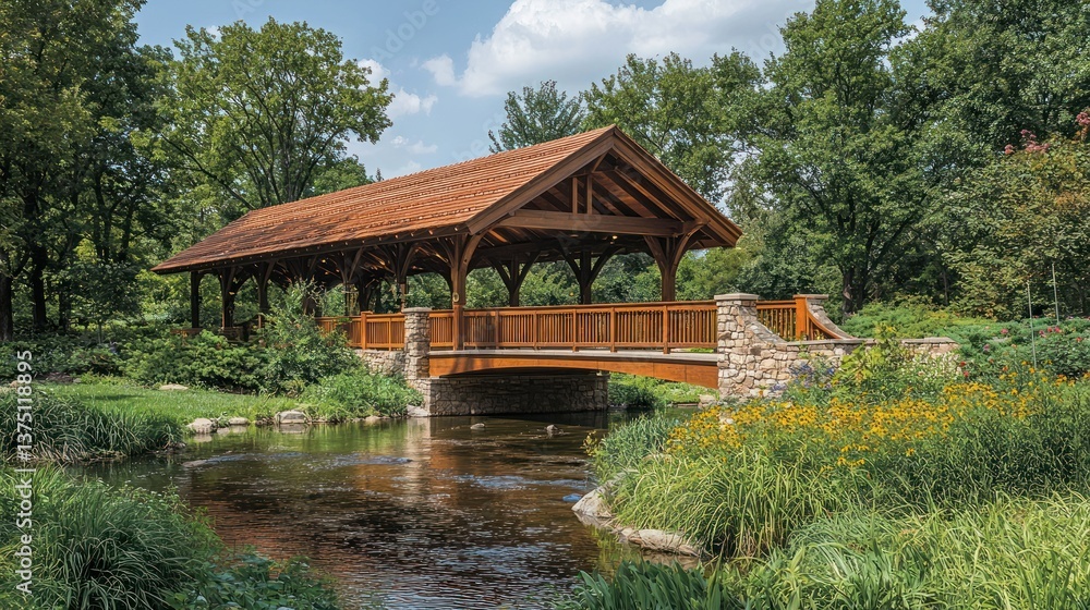 Serene Wooden Bridge over Calm Creek in Lush Garden Serene Wooden Bridge over Calm Creek in Lush Garden