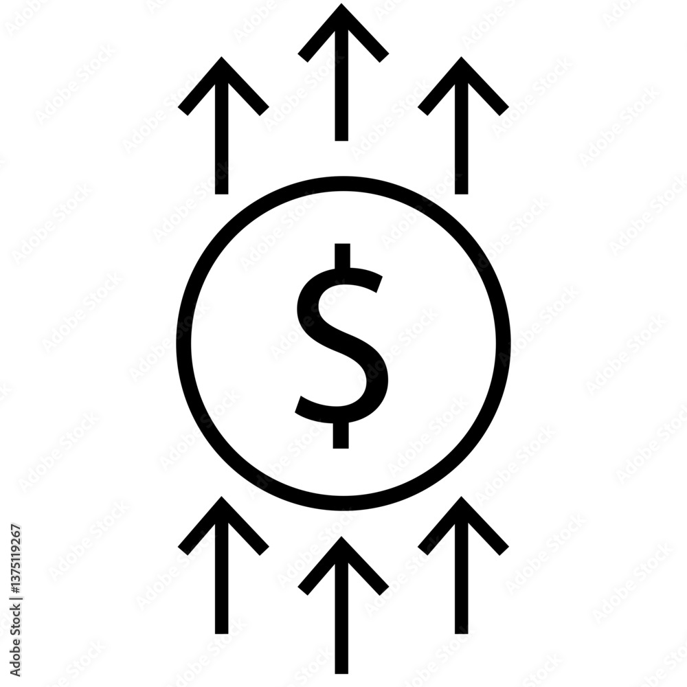 Currency value increase icon featuring a dollar sign, representing rising financial markets, stock price surge, business profit, investment growth, and economic prosperity with transparent background. Currency value increase icon featuring a dollar sign, representing rising financial markets, stock price surge, business profit, investment growth, and economic prosperity with transparent background.