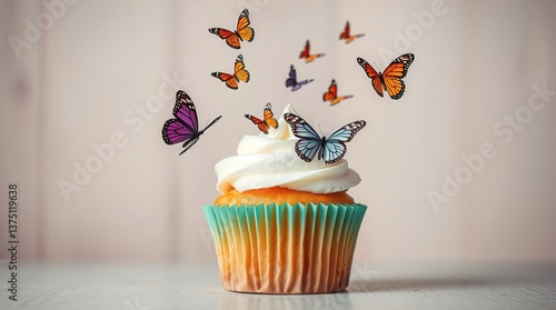 A cupcake topped with cream and butterflies flying above it, capturing a moment of sweet delight.