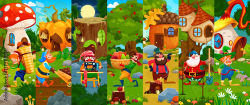 Garden gnome and dwarf characters collage with cute fairytale elves and magic garden town houses. Vector cartoon gnome farmers with wheelbarrow and shovel, cute dwarf lumberjack and tailor characters