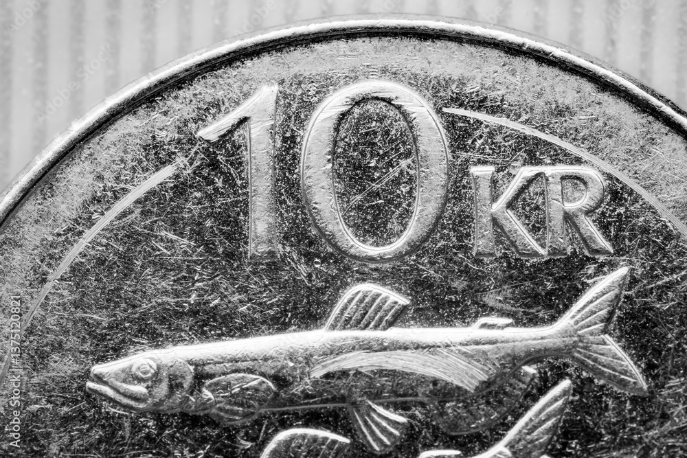Fototapeta premium Close up view of 10 Kronur ,Iceland coin in monochrome.